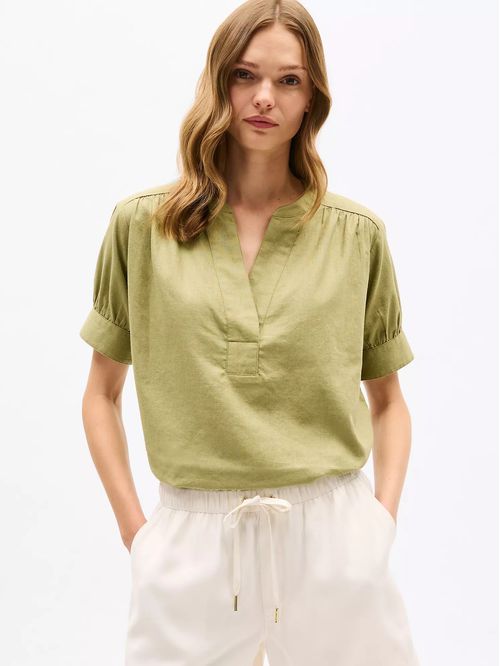 BLUSA W SS SPLIT NECK LINEN SHIRT