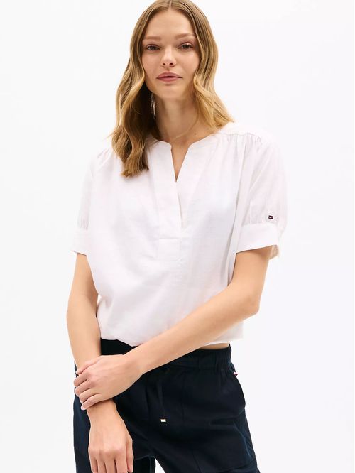 BLUSA W SS SPLIT NECK LINEN SHIRT
